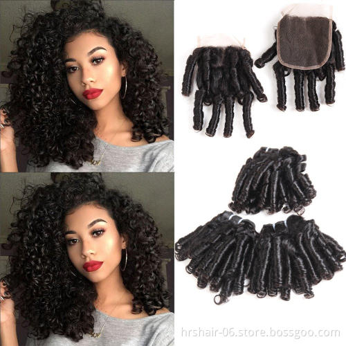 Funmi Curly Human Hair Brazilian Virgin Hair Bouncy Curl 3 Bundles With 4x4 Closure Natural Black Unprocessed Remy Hair